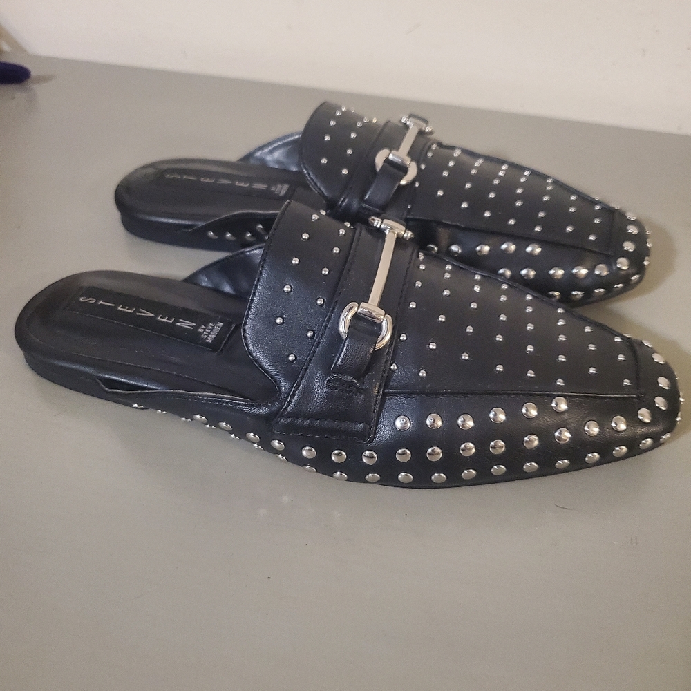 Steven by Steve Madden Razzi Black Leather Studded Loafer Slides Slip On Mules - Picture 5 of 7